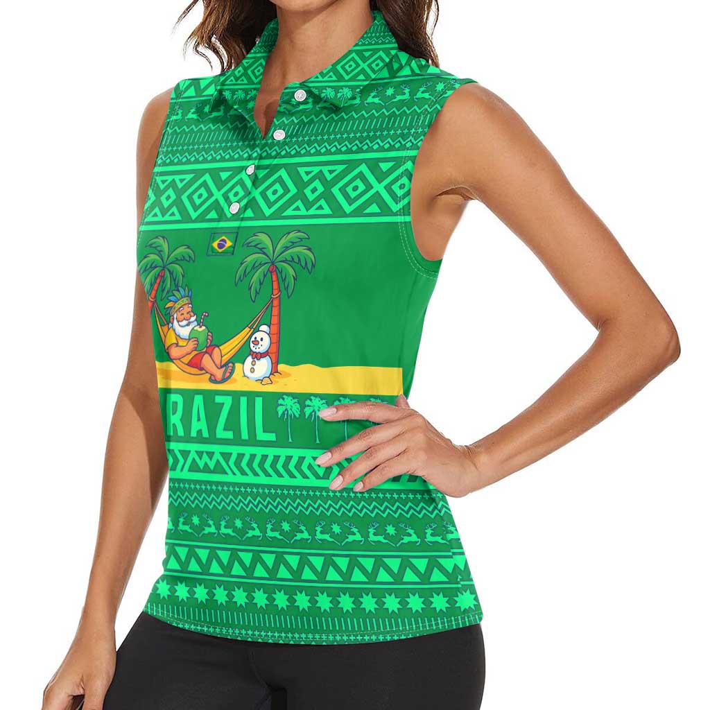 Brazil Christmas Women Sleeveless Polo Shirt with Santa Relaxing in Hammock Palm Trees Snowman and Tribal Pattern Design - Wonder Print Shop