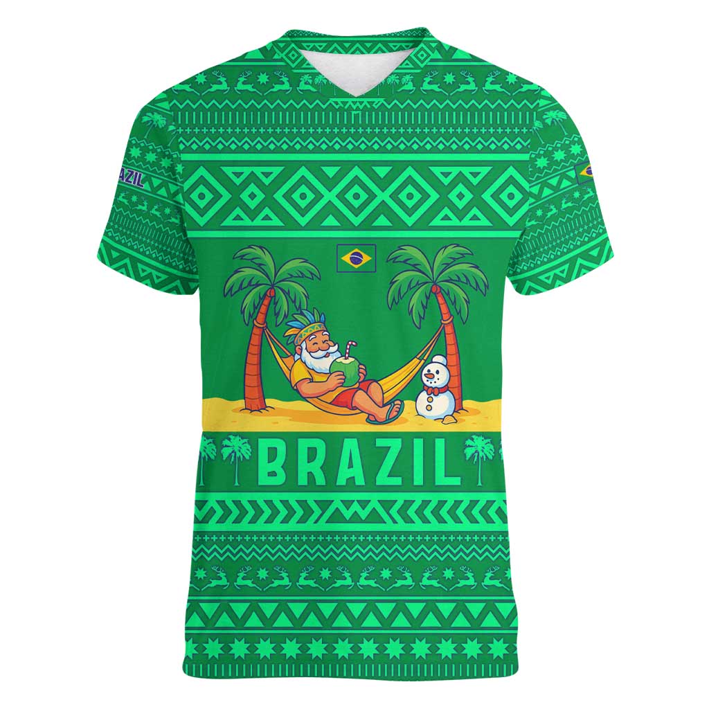 Brazil Christmas Women V-Neck T-Shirt with Santa Relaxing in Hammock Palm Trees Snowman and Tribal Pattern Design - Wonder Print Shop