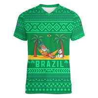Brazil Christmas Women V-Neck T-Shirt with Santa Relaxing in Hammock Palm Trees Snowman and Tribal Pattern Design - Wonder Print Shop