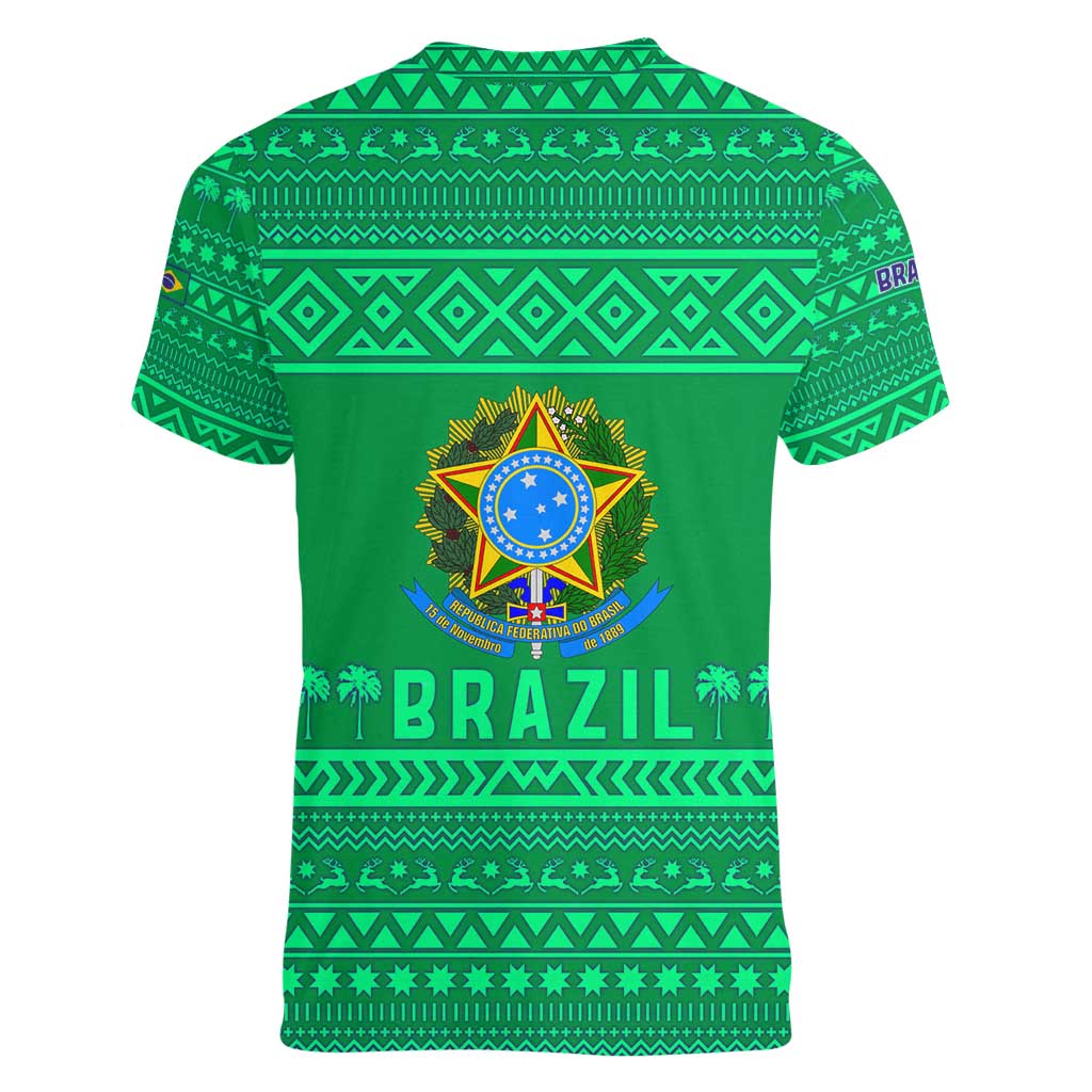 Brazil Christmas Women V-Neck T-Shirt with Santa Relaxing in Hammock Palm Trees Snowman and Tribal Pattern Design - Wonder Print Shop