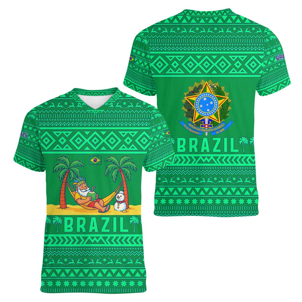 Brazil Christmas Women V-Neck T-Shirt with Santa Relaxing in Hammock Palm Trees Snowman and Tribal Pattern Design - Wonder Print Shop