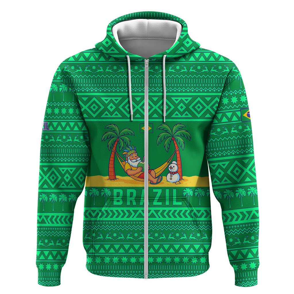 Brazil Christmas Zip Hoodie with Santa Relaxing in Hammock Palm Trees Snowman and Tribal Pattern Design - Wonder Print Shop