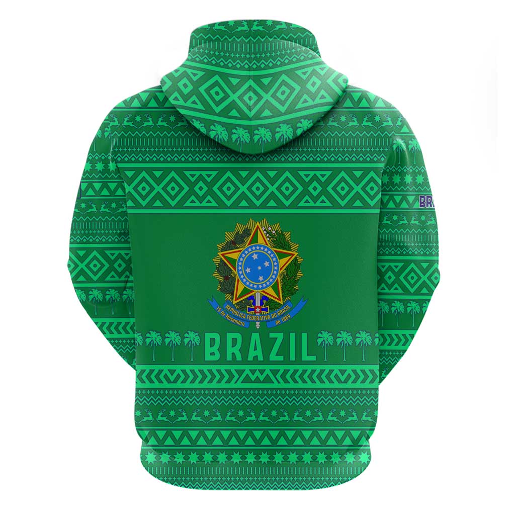 Brazil Christmas Zip Hoodie with Santa Relaxing in Hammock Palm Trees Snowman and Tribal Pattern Design - Wonder Print Shop