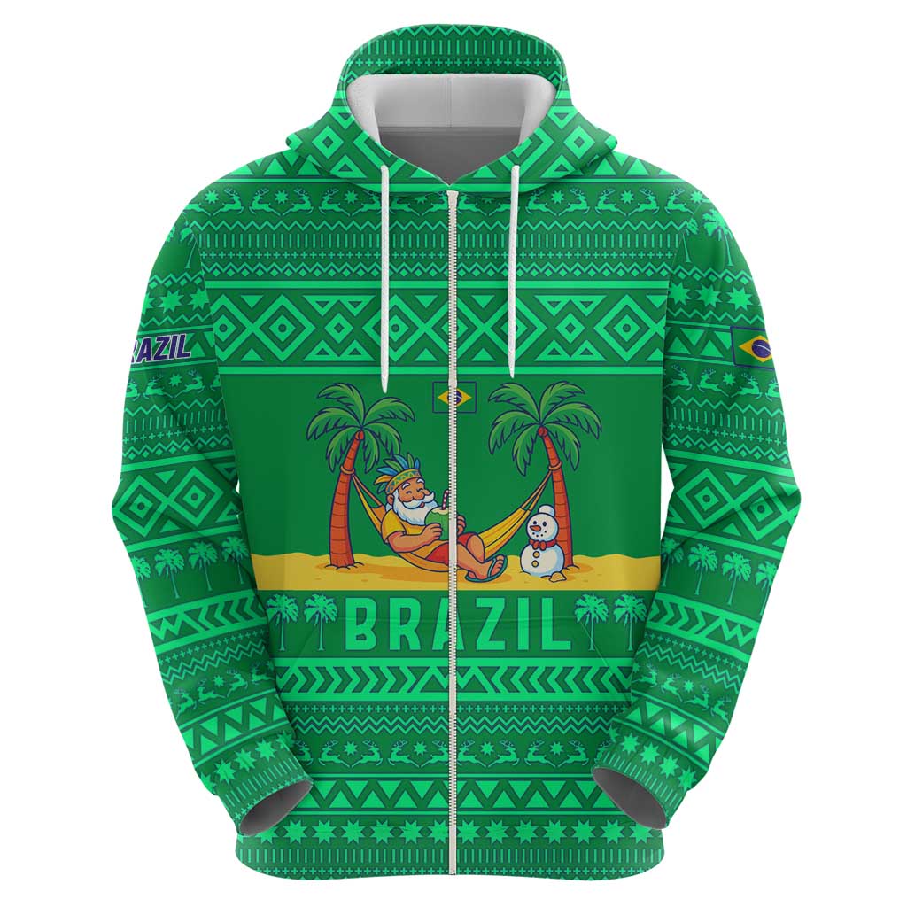 Brazil Christmas Zip Hoodie with Santa Relaxing in Hammock Palm Trees Snowman and Tribal Pattern Design - Wonder Print Shop