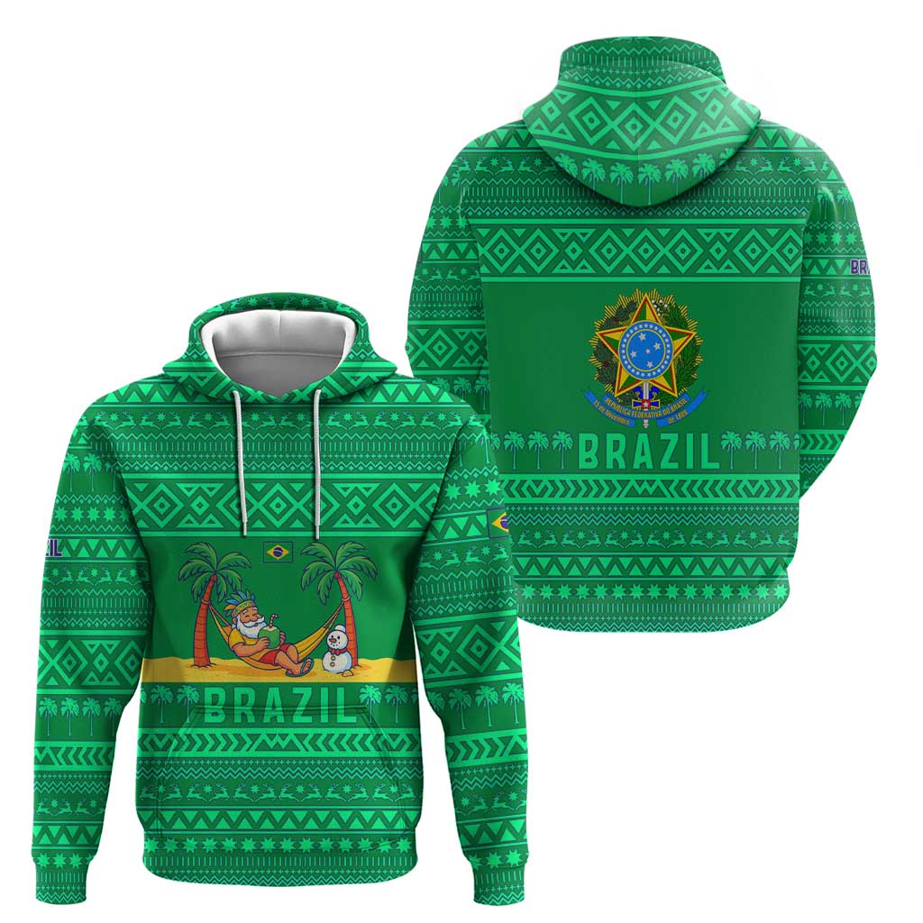 Brazil Christmas Zip Hoodie with Santa Relaxing in Hammock Palm Trees Snowman and Tribal Pattern Design - Wonder Print Shop