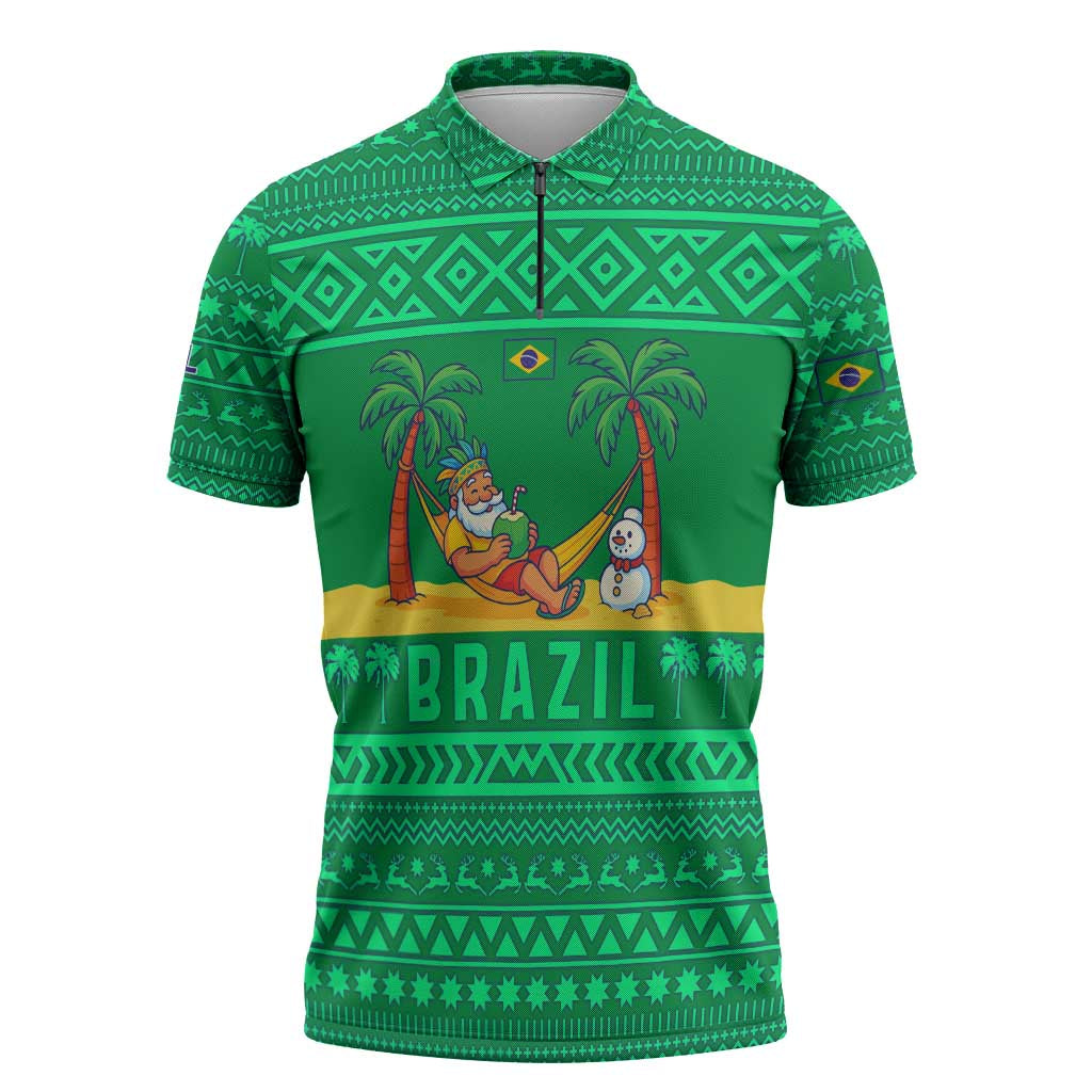 Brazil Christmas Zipper Polo Shirt with Santa Relaxing in Hammock Palm Trees Snowman and Tribal Pattern Design - Wonder Print Shop