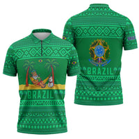 Brazil Christmas Zipper Polo Shirt with Santa Relaxing in Hammock Palm Trees Snowman and Tribal Pattern Design - Wonder Print Shop