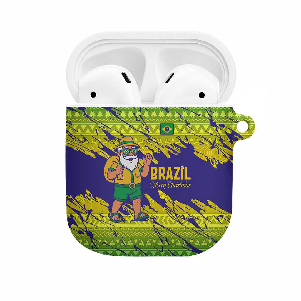 Brazil Christmas AirPods Case with Tropical Santa Tribal Pattern National Colors and Merry Christmas Text Design - Wonder Print Shop