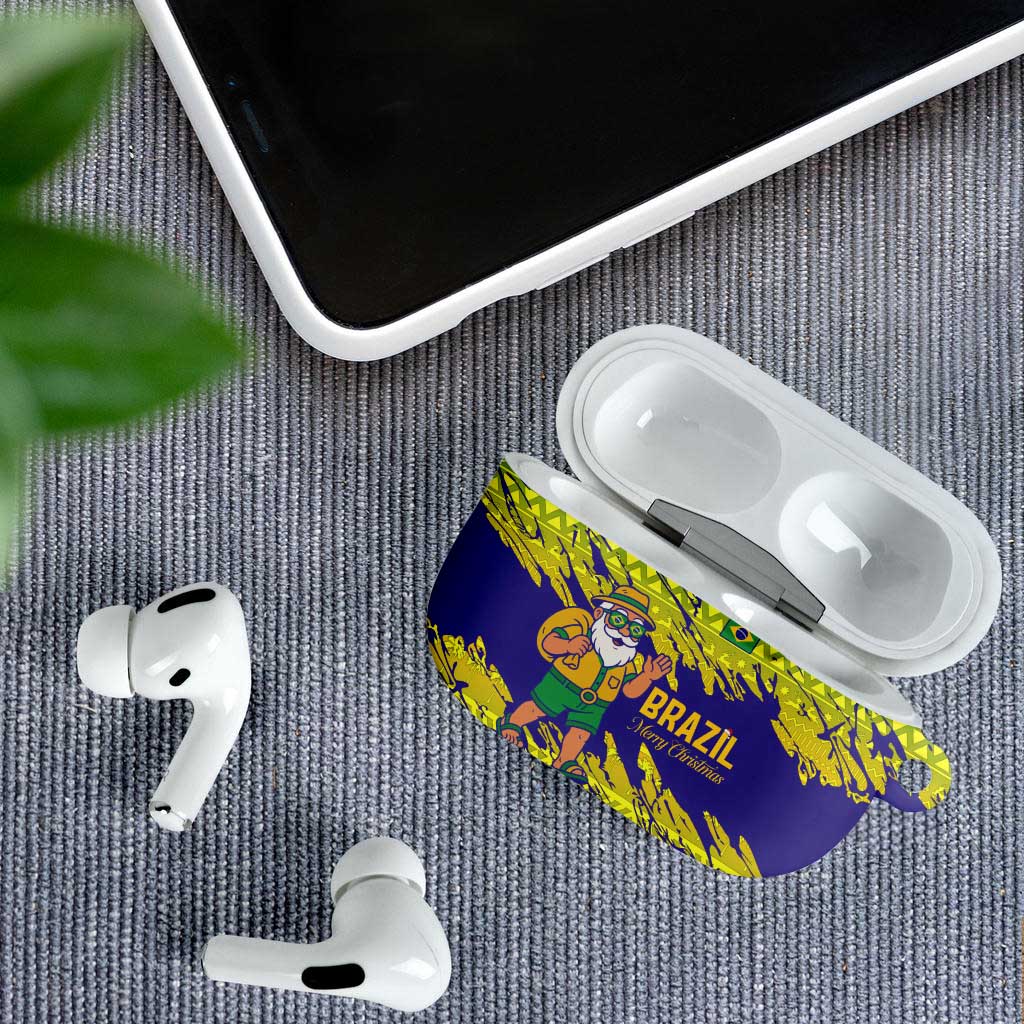 Brazil Christmas AirPods Case with Tropical Santa Tribal Pattern National Colors and Merry Christmas Text Design - Wonder Print Shop