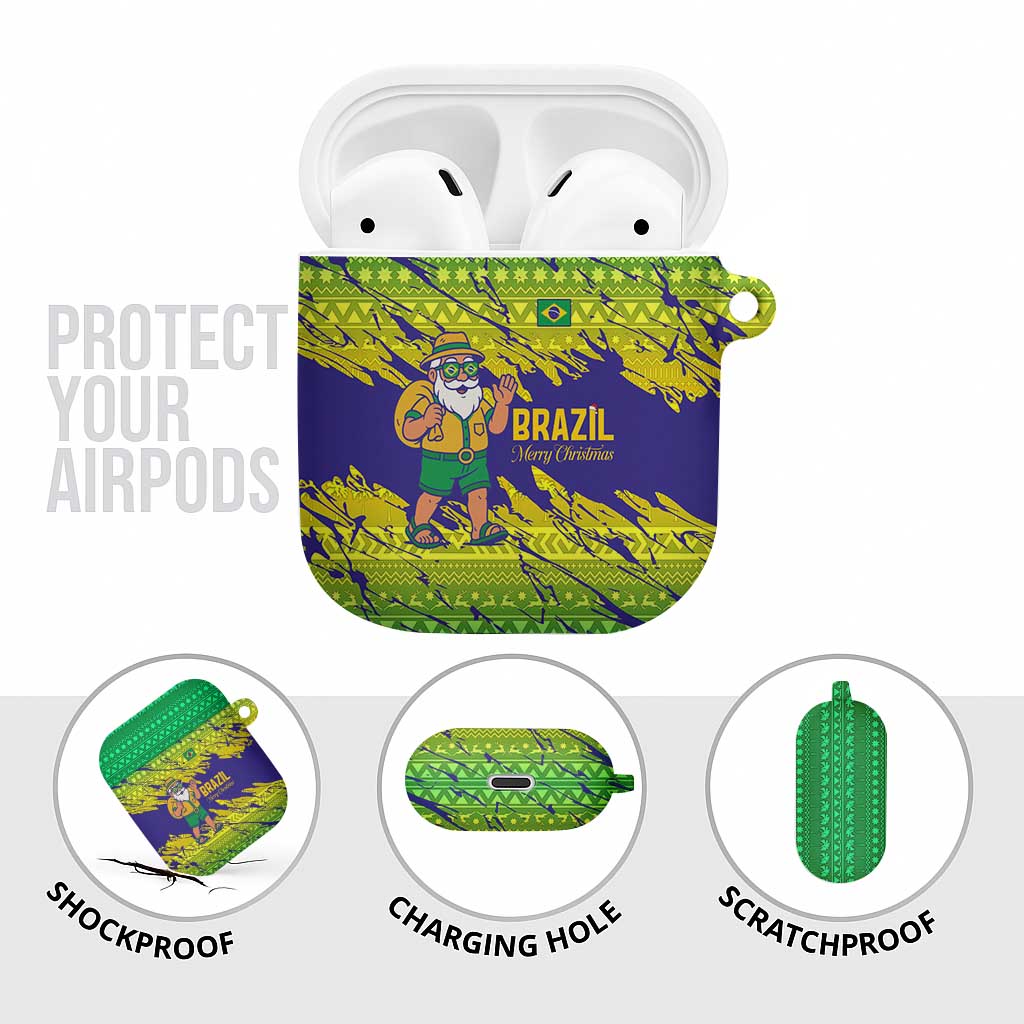 Brazil Christmas AirPods Case with Tropical Santa Tribal Pattern National Colors and Merry Christmas Text Design - Wonder Print Shop