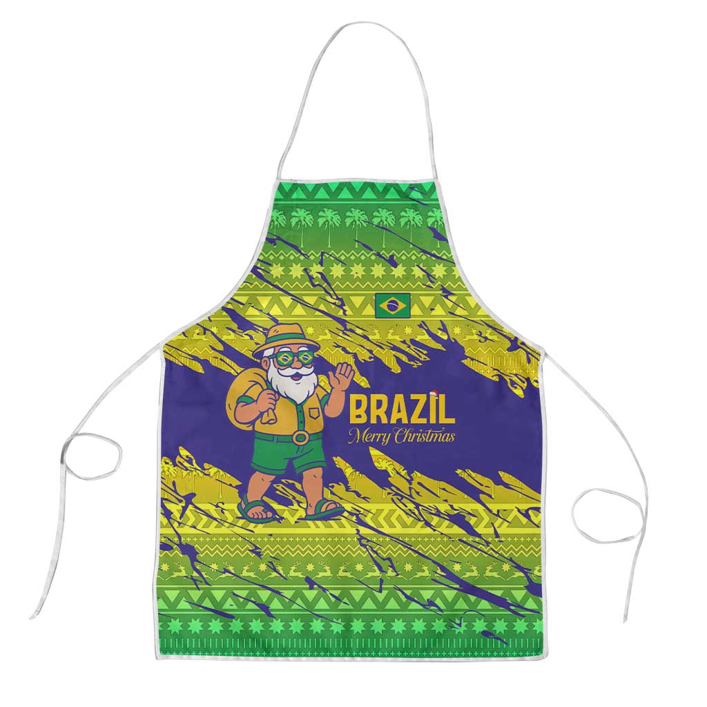 Brazil Christmas Apron with Tropical Santa Tribal Pattern National Colors and Merry Christmas Text Design - Wonder Print Shop