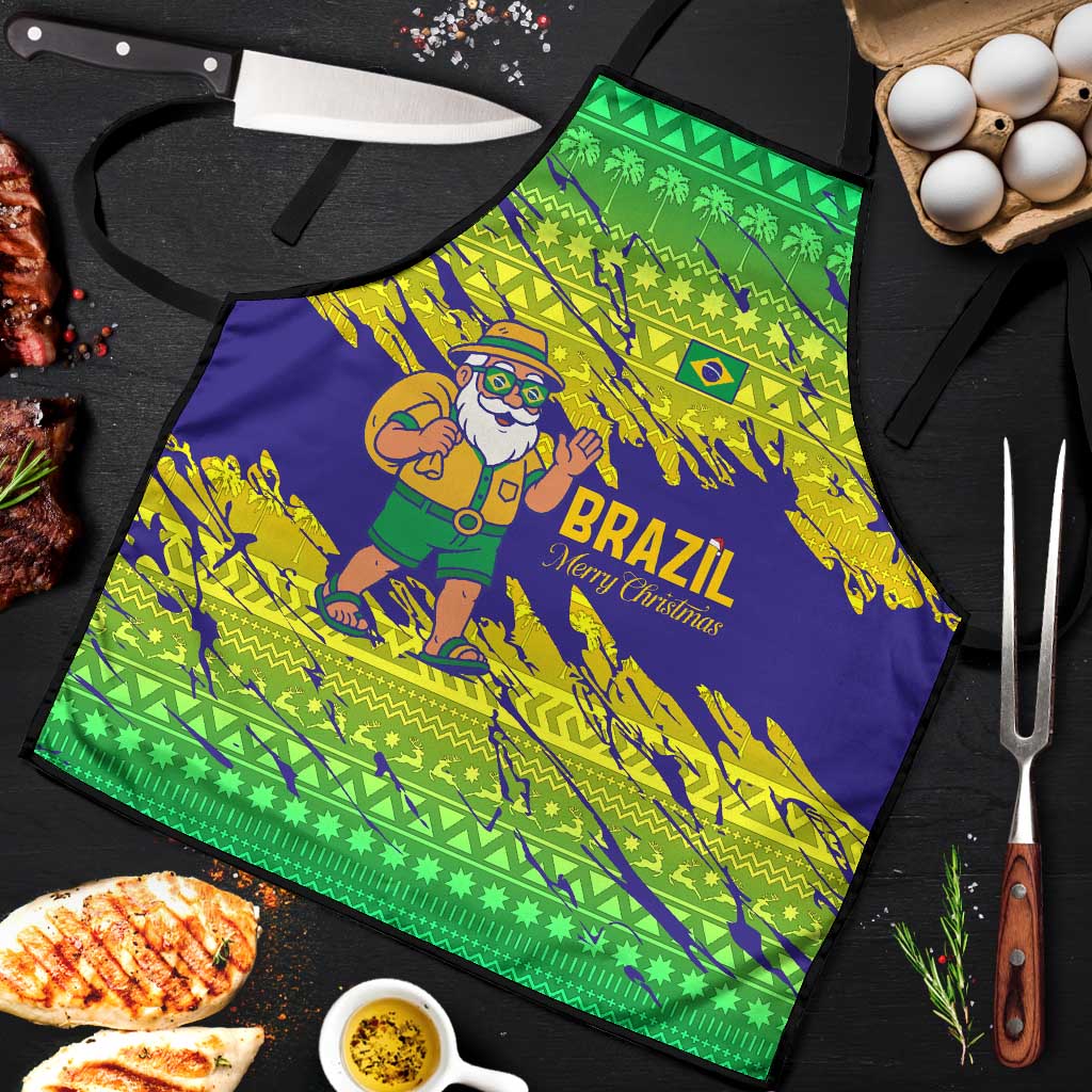 Brazil Christmas Apron with Tropical Santa Tribal Pattern National Colors and Merry Christmas Text Design - Wonder Print Shop