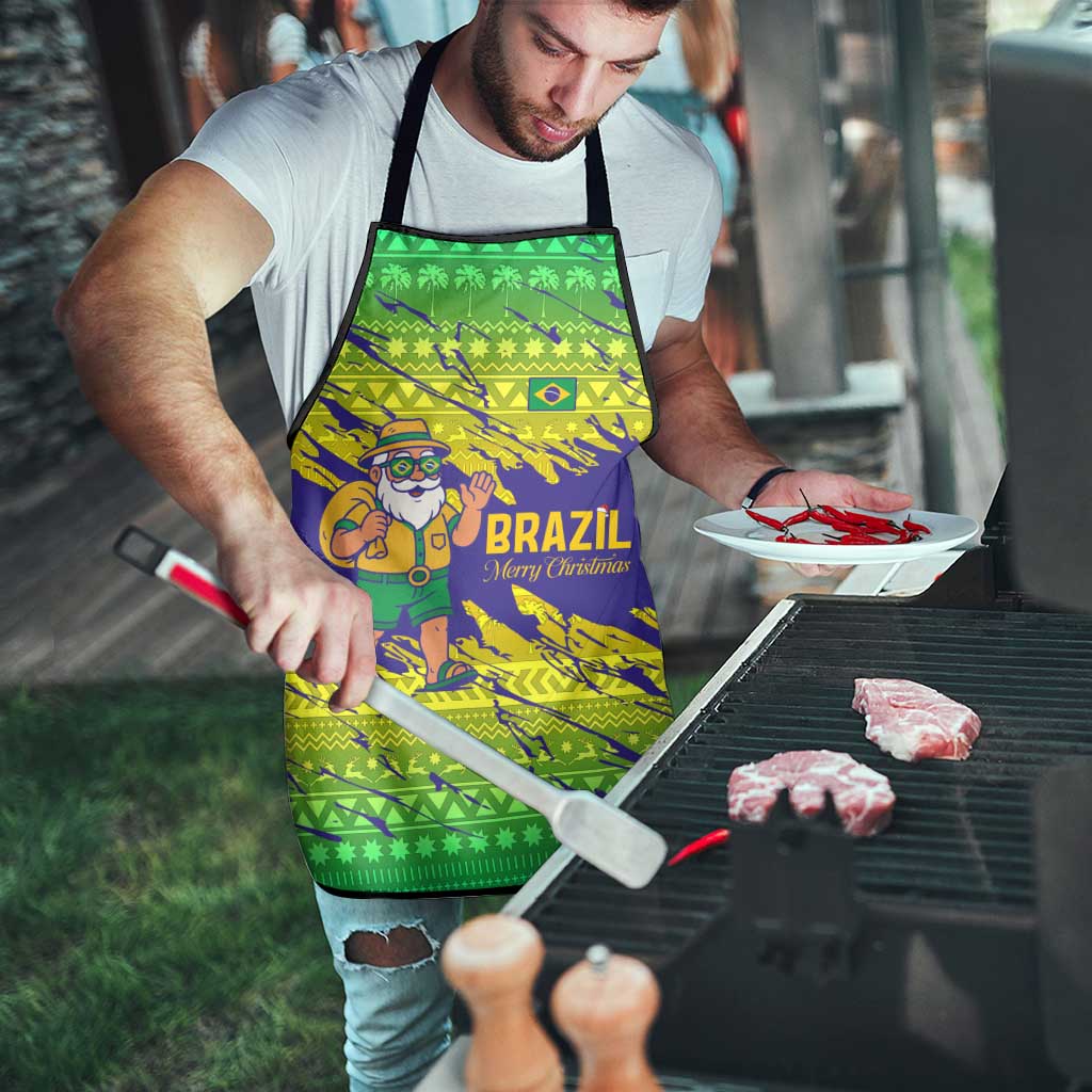 Brazil Christmas Apron with Tropical Santa Tribal Pattern National Colors and Merry Christmas Text Design - Wonder Print Shop
