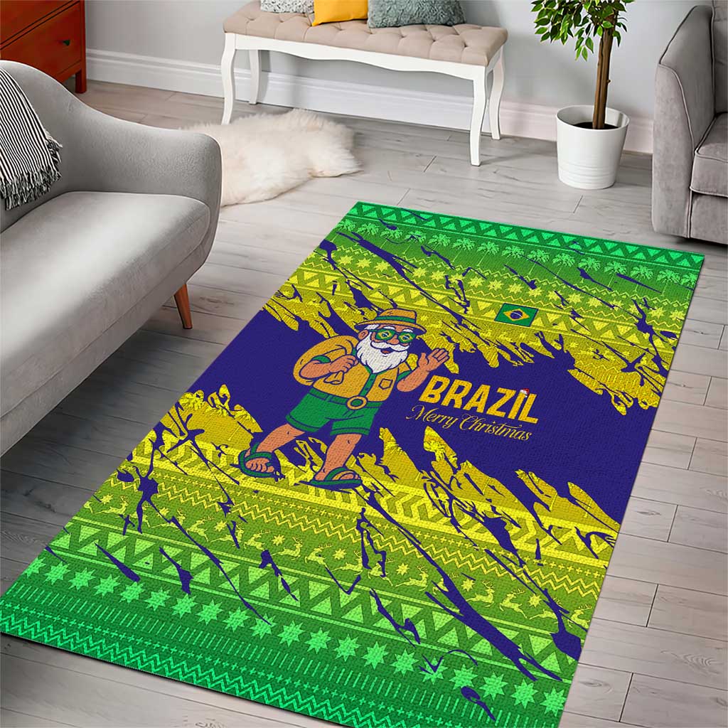 Brazil Christmas Area Rug with Tropical Santa Tribal Pattern National Colors and Merry Christmas Text Design - Wonder Print Shop
