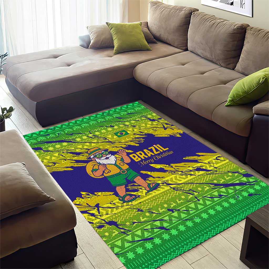 Brazil Christmas Area Rug with Tropical Santa Tribal Pattern National Colors and Merry Christmas Text Design - Wonder Print Shop