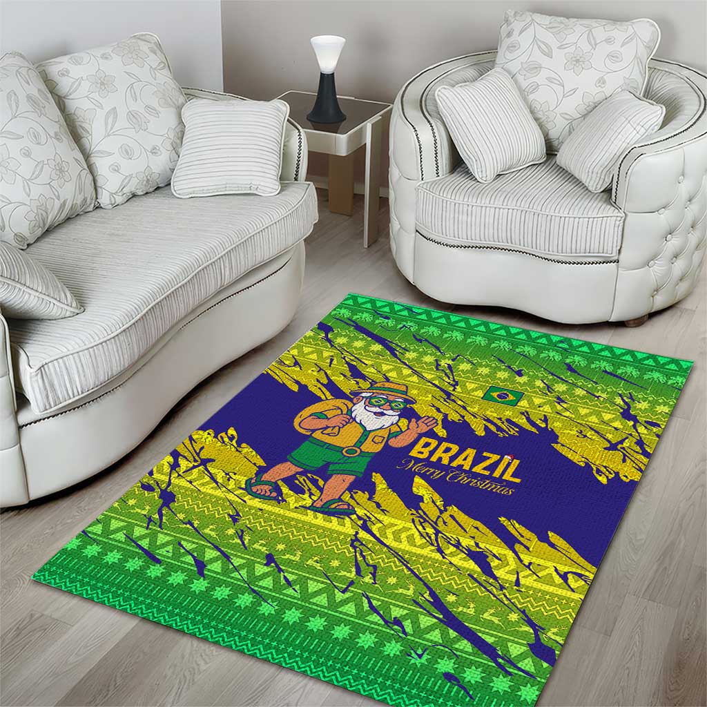Brazil Christmas Area Rug with Tropical Santa Tribal Pattern National Colors and Merry Christmas Text Design - Wonder Print Shop