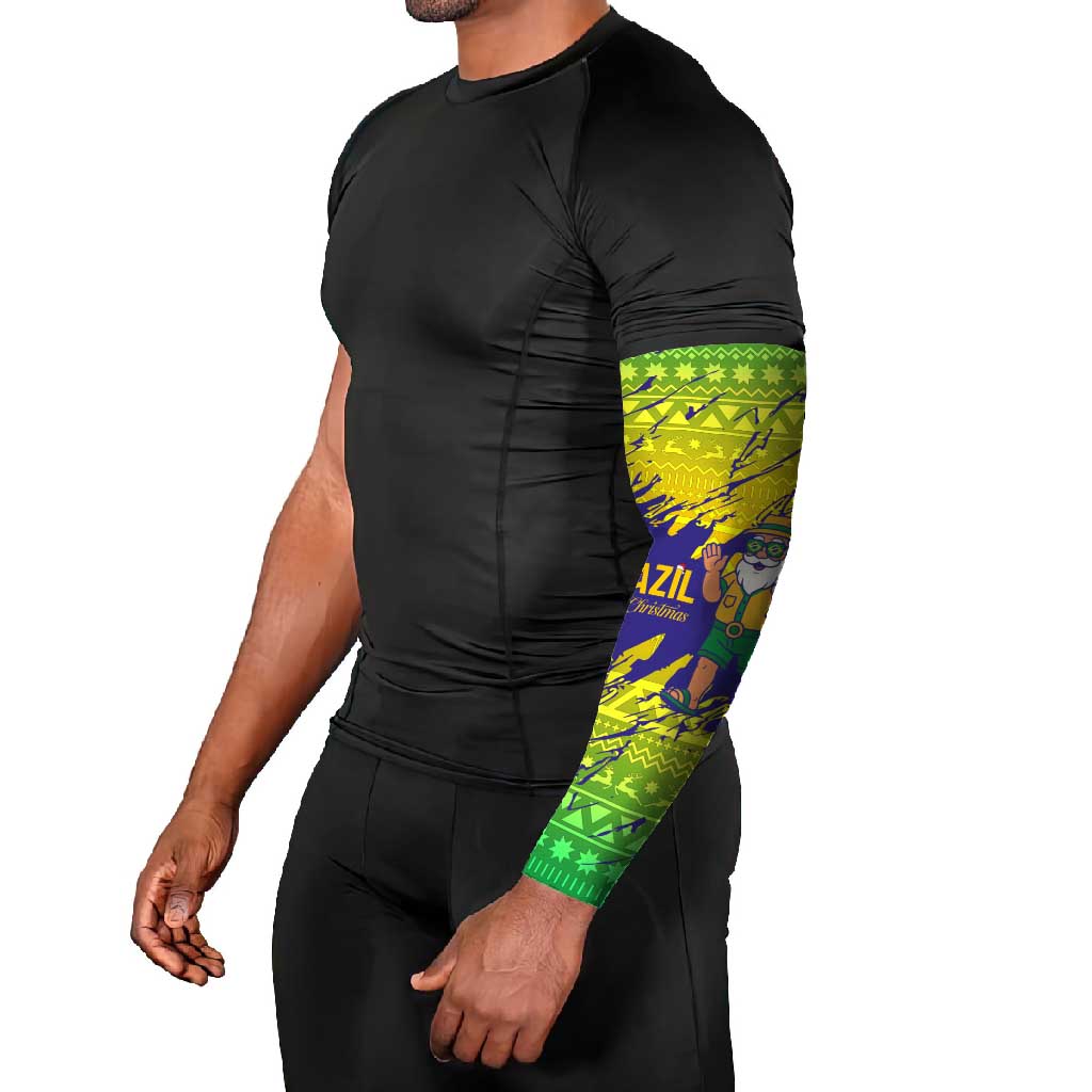 Brazil Christmas Arm Sleeves with Tropical Santa Tribal Pattern National Colors and Merry Christmas Text Design - Wonder Print Shop
