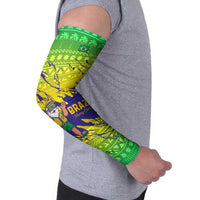 Brazil Christmas Arm Sleeves with Tropical Santa Tribal Pattern National Colors and Merry Christmas Text Design - Wonder Print Shop