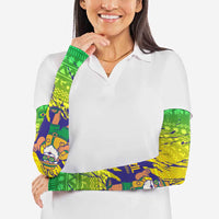 Brazil Christmas Arm Sleeves with Tropical Santa Tribal Pattern National Colors and Merry Christmas Text Design - Wonder Print Shop