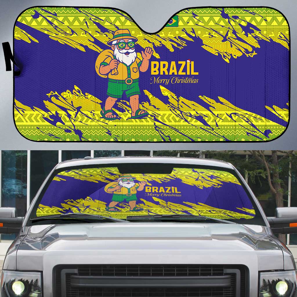 Brazil Christmas Auto Sun Shade with Tropical Santa Tribal Pattern National Colors and Merry Christmas Text Design - Wonder Print Shop