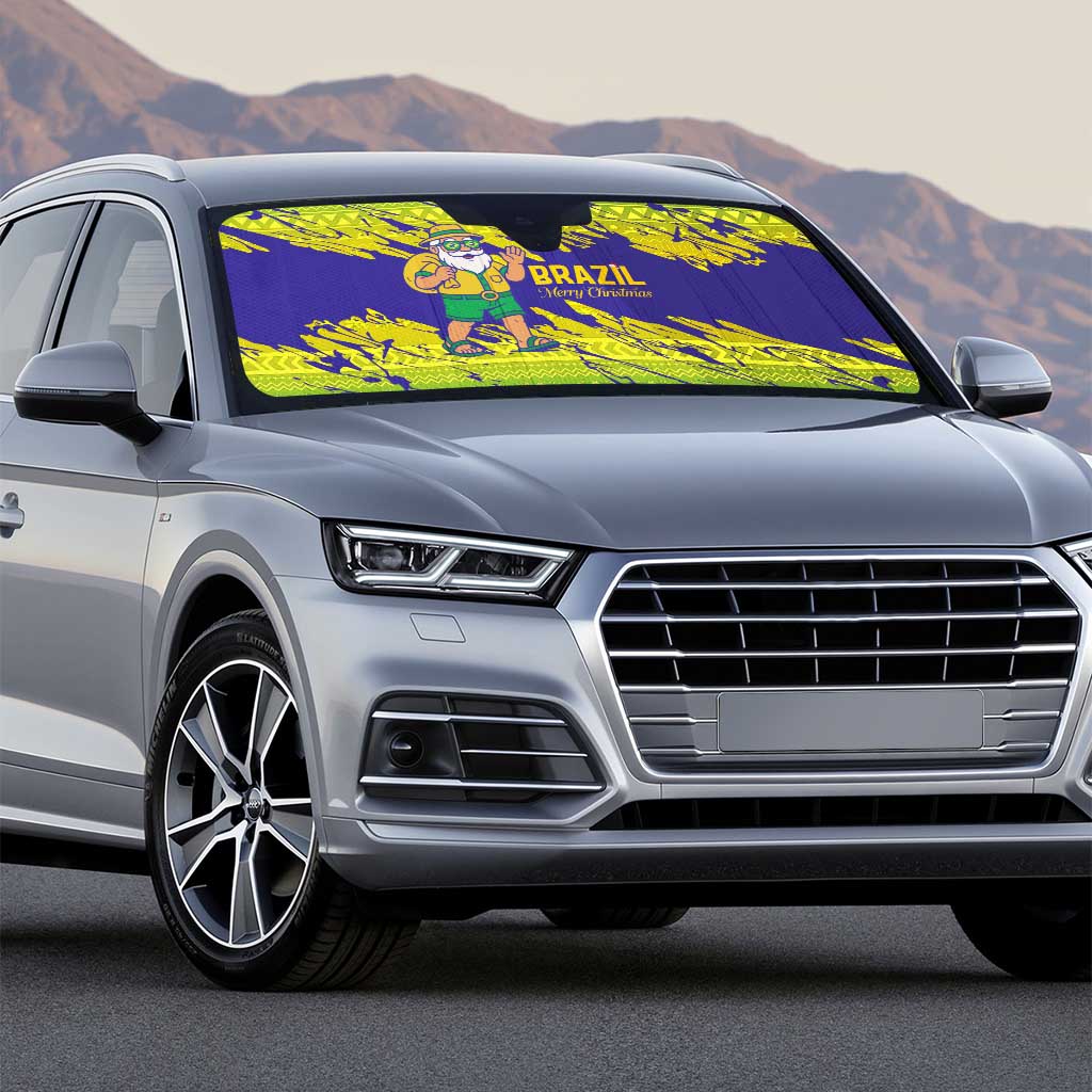 Brazil Christmas Auto Sun Shade with Tropical Santa Tribal Pattern National Colors and Merry Christmas Text Design - Wonder Print Shop