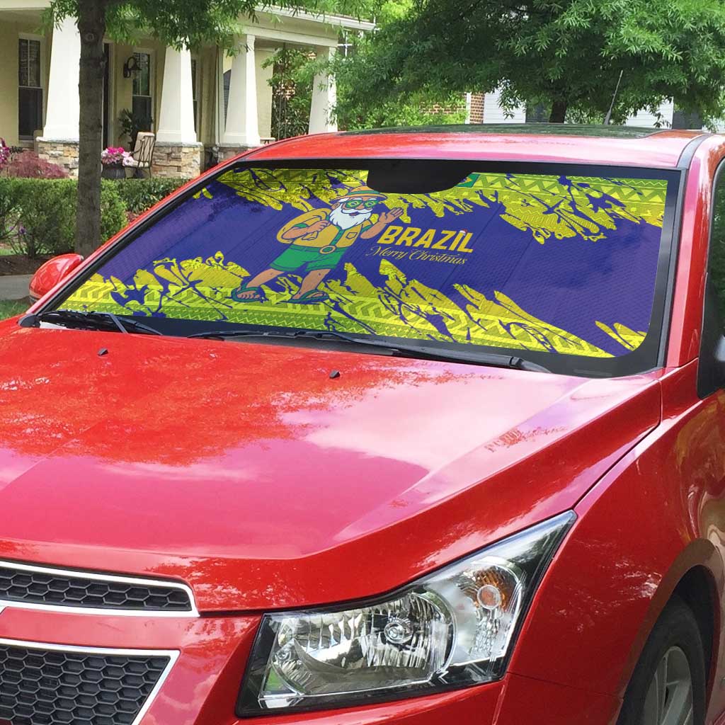 Brazil Christmas Auto Sun Shade with Tropical Santa Tribal Pattern National Colors and Merry Christmas Text Design - Wonder Print Shop