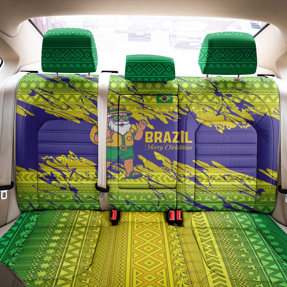 Brazil Christmas Back Car Seat Cover with Tropical Santa Tribal Pattern National Colors and Merry Christmas Text Design - Wonder Print Shop
