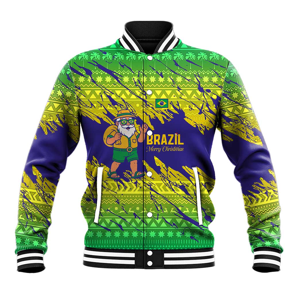 Brazil Christmas Baseball Jacket with Tropical Santa Tribal Pattern National Colors and Merry Christmas Text Design - Wonder Print Shop