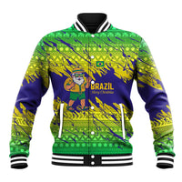 Brazil Christmas Baseball Jacket with Tropical Santa Tribal Pattern National Colors and Merry Christmas Text Design - Wonder Print Shop