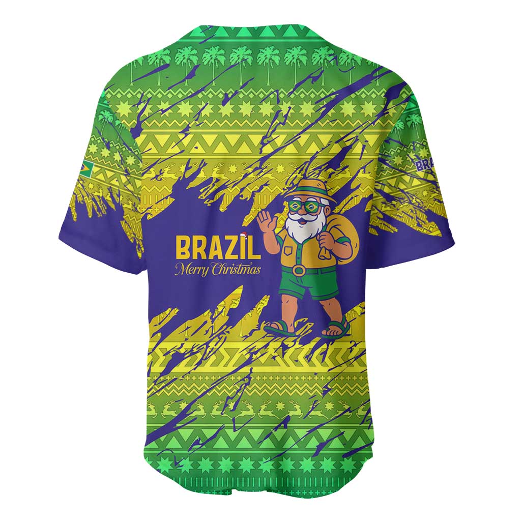 Brazil Christmas Baseball Jersey with Tropical Santa Tribal Pattern National Colors and Merry Christmas Text Design - Wonder Print Shop
