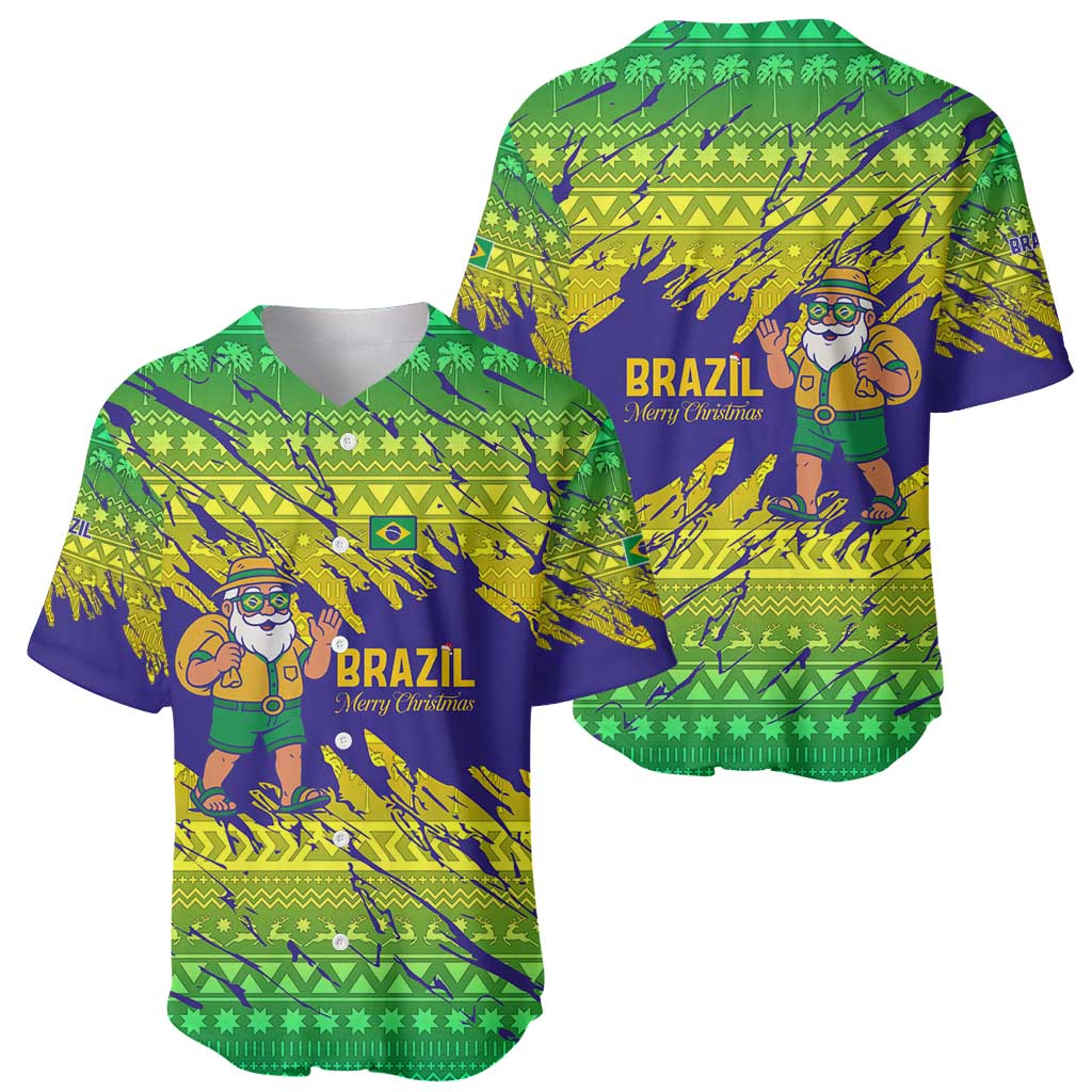 Brazil Christmas Baseball Jersey with Tropical Santa Tribal Pattern National Colors and Merry Christmas Text Design - Wonder Print Shop