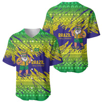 Brazil Christmas Baseball Jersey with Tropical Santa Tribal Pattern National Colors and Merry Christmas Text Design - Wonder Print Shop