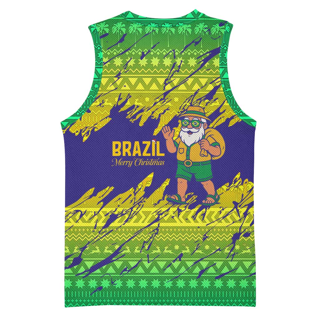 Brazil Christmas Basketball Jersey with Tropical Santa Tribal Pattern National Colors and Merry Christmas Text Design - Wonder Print Shop