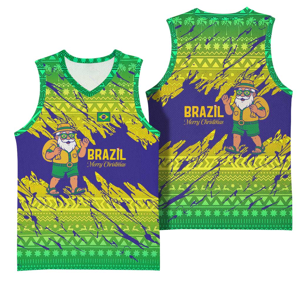 Brazil Christmas Basketball Jersey with Tropical Santa Tribal Pattern National Colors and Merry Christmas Text Design - Wonder Print Shop