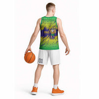 Brazil Christmas Basketball Jersey with Tropical Santa Tribal Pattern National Colors and Merry Christmas Text Design - Wonder Print Shop