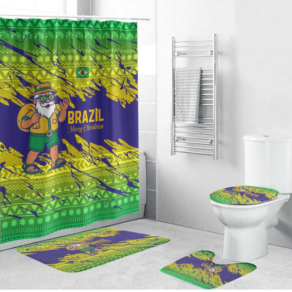 Brazil Christmas Bathroom Set with Tropical Santa Tribal Pattern National Colors and Merry Christmas Text Design - Wonder Print Shop