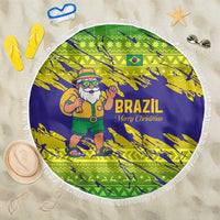 Brazil Christmas Beach Blanket with Tropical Santa Tribal Pattern National Colors and Merry Christmas Text Design - Wonder Print Shop