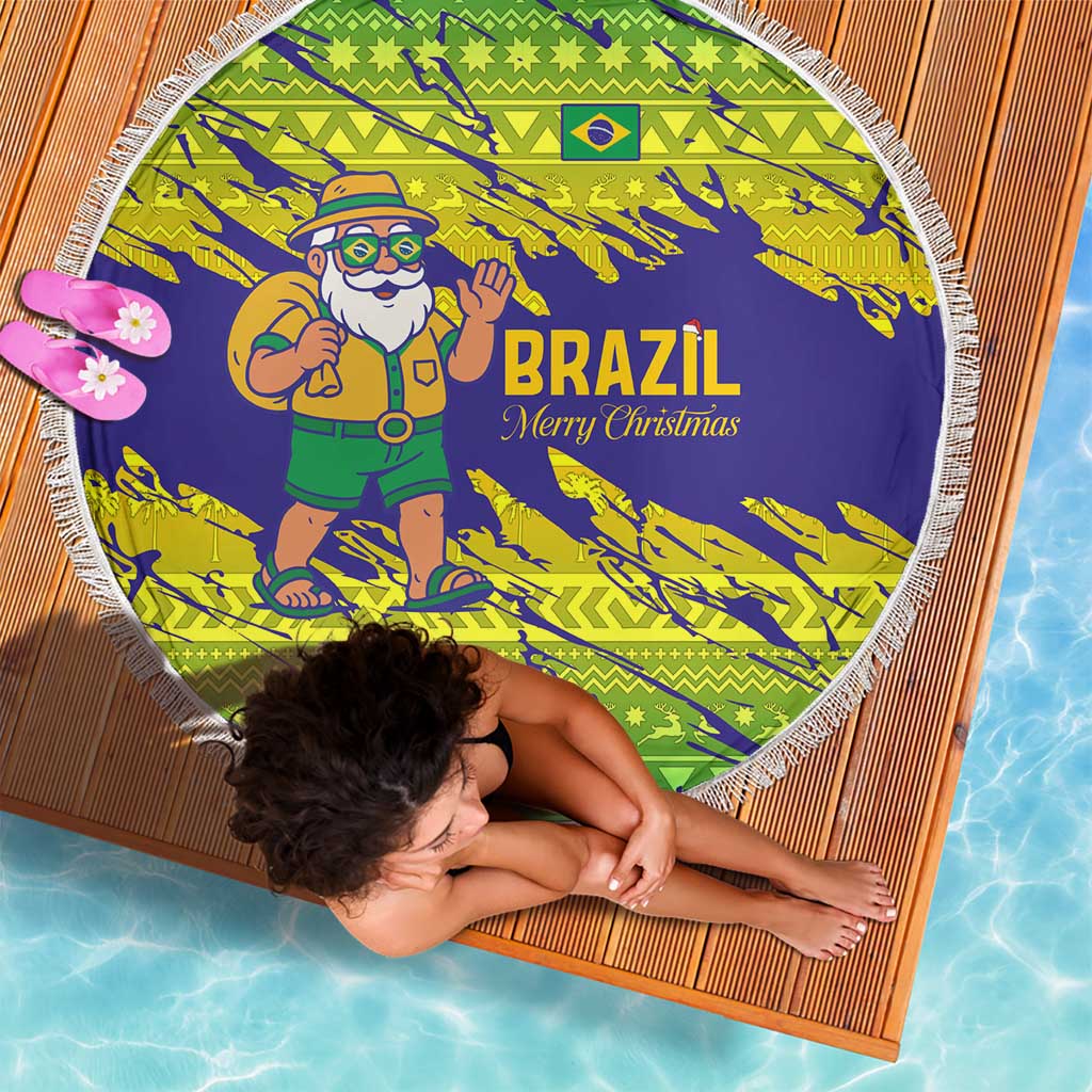 Brazil Christmas Beach Blanket with Tropical Santa Tribal Pattern National Colors and Merry Christmas Text Design - Wonder Print Shop
