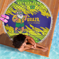 Brazil Christmas Beach Blanket with Tropical Santa Tribal Pattern National Colors and Merry Christmas Text Design - Wonder Print Shop