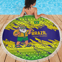 Brazil Christmas Beach Blanket with Tropical Santa Tribal Pattern National Colors and Merry Christmas Text Design - Wonder Print Shop