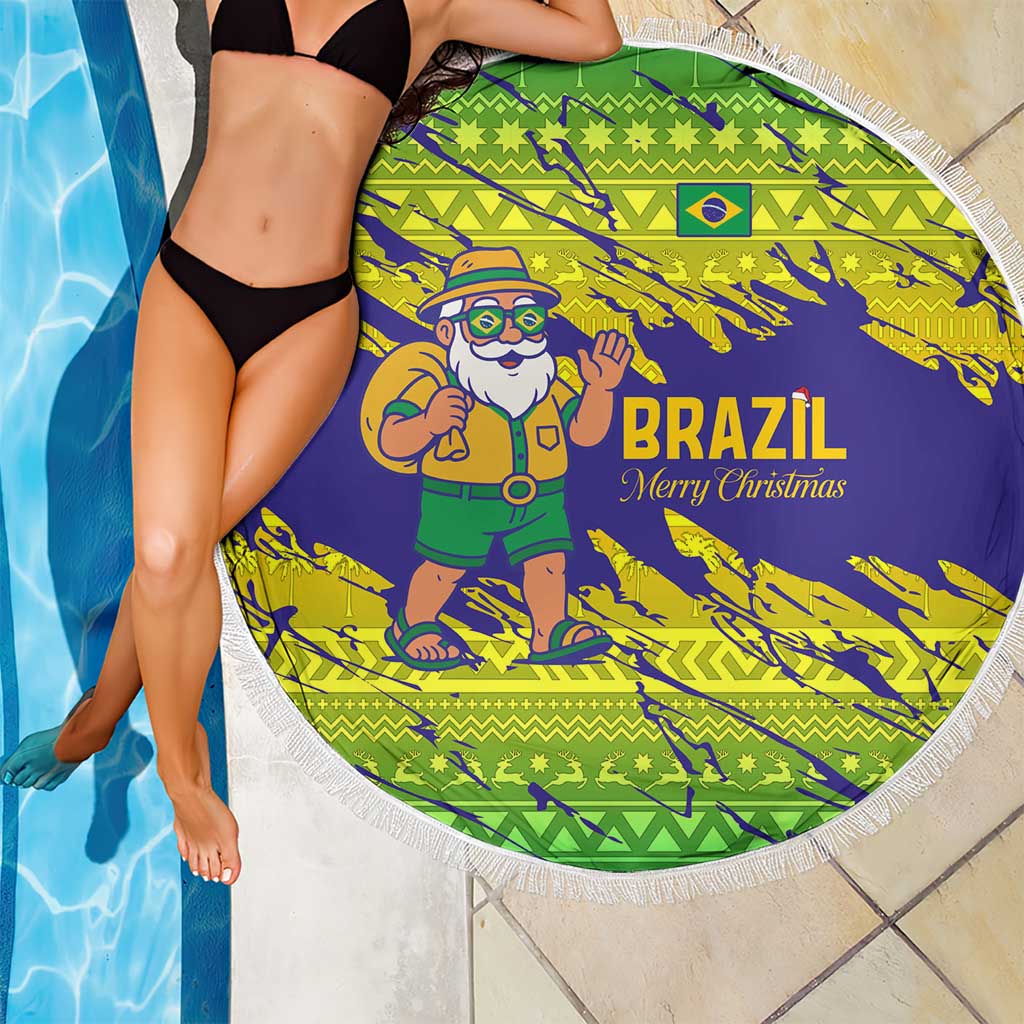 Brazil Christmas Beach Blanket with Tropical Santa Tribal Pattern National Colors and Merry Christmas Text Design - Wonder Print Shop