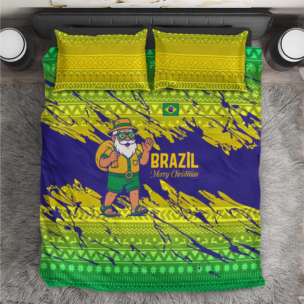 Brazil Christmas Bedding Set with Tropical Santa Tribal Pattern National Colors and Merry Christmas Text Design - Wonder Print Shop