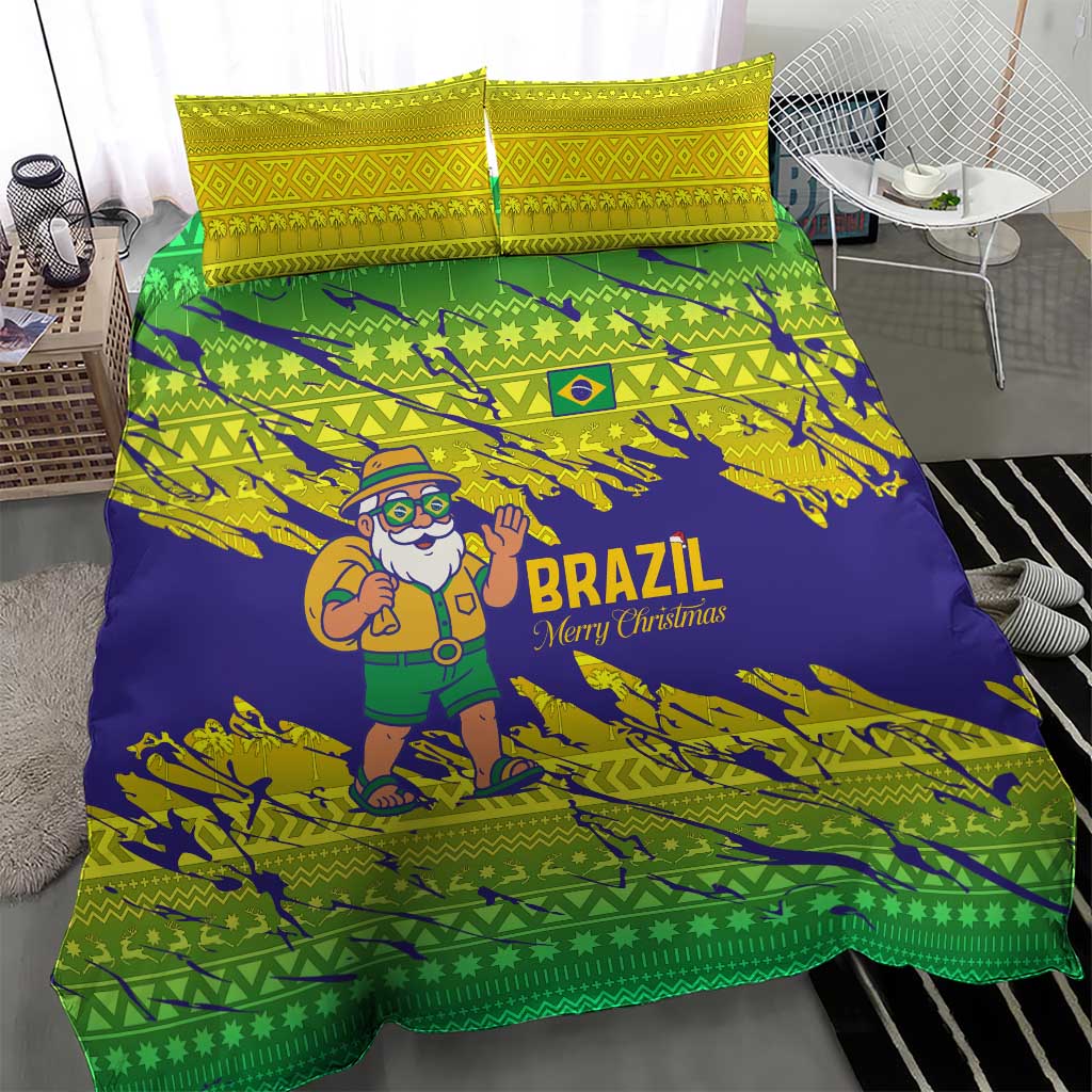 Brazil Christmas Bedding Set with Tropical Santa Tribal Pattern National Colors and Merry Christmas Text Design - Wonder Print Shop