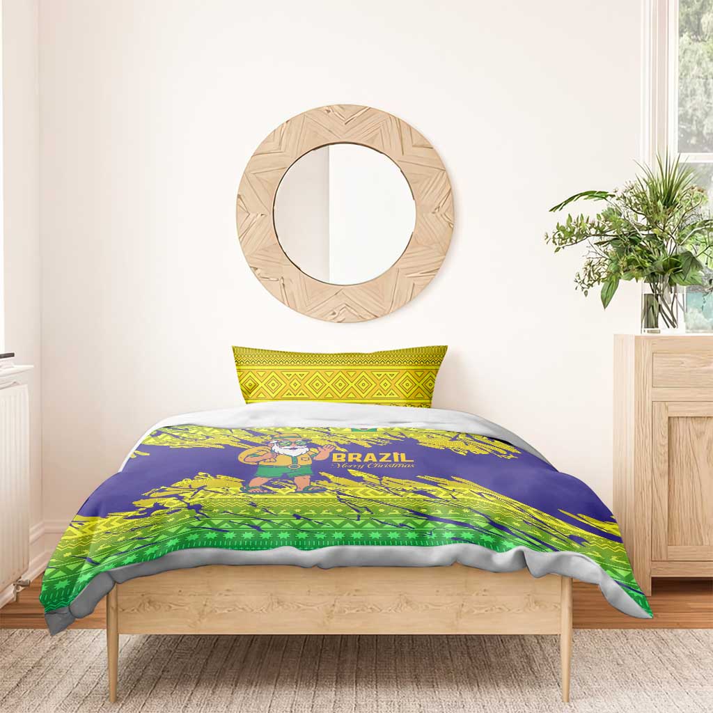 Brazil Christmas Bedding Set with Tropical Santa Tribal Pattern National Colors and Merry Christmas Text Design - Wonder Print Shop