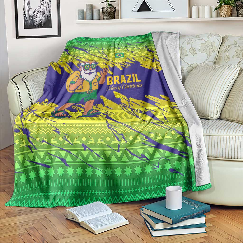Brazil Christmas Blanket with Tropical Santa Tribal Pattern National Colors and Merry Christmas Text Design - Wonder Print Shop