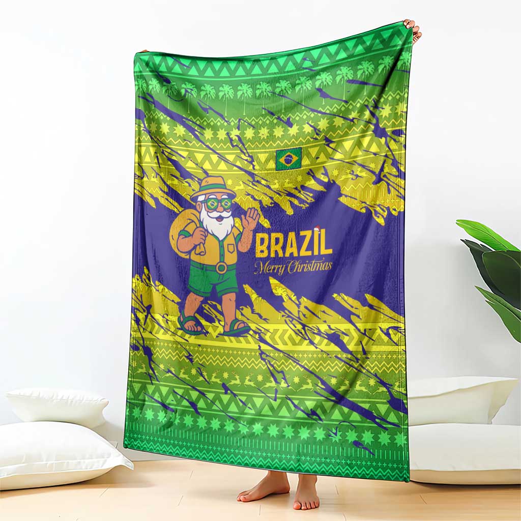 Brazil Christmas Blanket with Tropical Santa Tribal Pattern National Colors and Merry Christmas Text Design - Wonder Print Shop