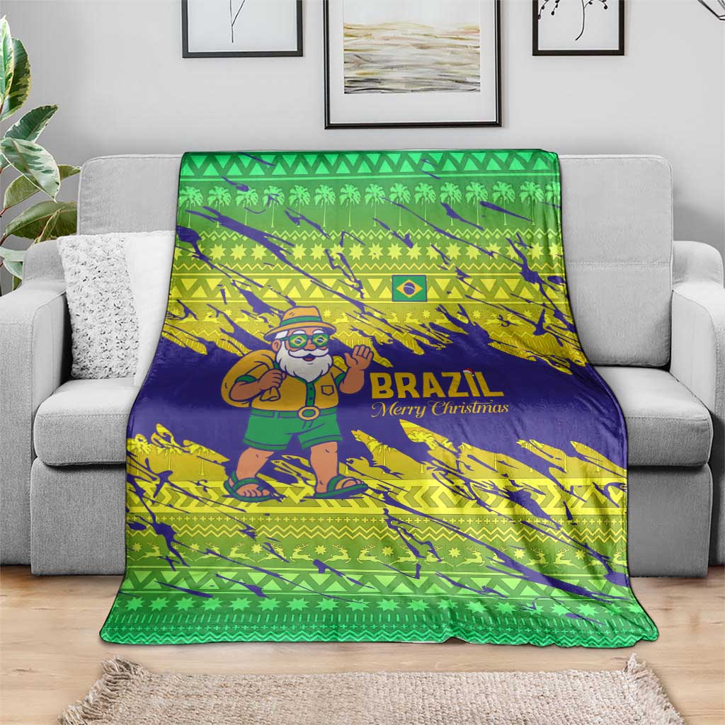 Brazil Christmas Blanket with Tropical Santa Tribal Pattern National Colors and Merry Christmas Text Design - Wonder Print Shop