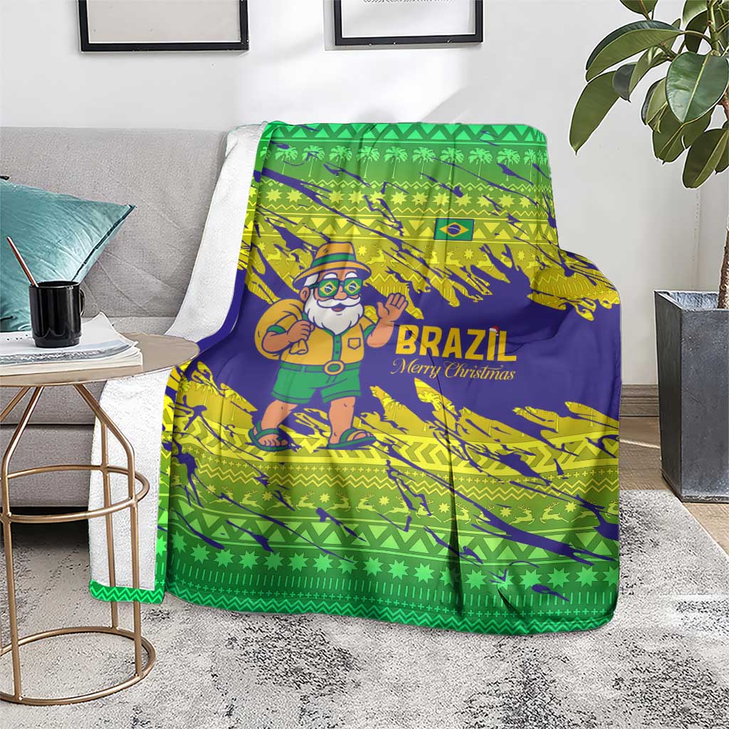 Brazil Christmas Blanket with Tropical Santa Tribal Pattern National Colors and Merry Christmas Text Design - Wonder Print Shop
