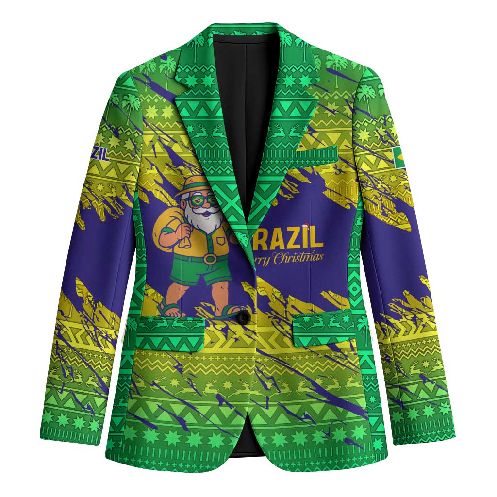 Brazil Christmas Blazer with Tropical Santa Tribal Pattern National Colors and Merry Christmas Text Design - Wonder Print Shop