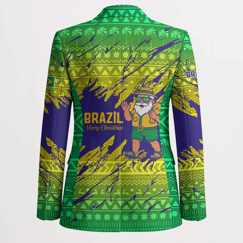 Brazil Christmas Blazer with Tropical Santa Tribal Pattern National Colors and Merry Christmas Text Design - Wonder Print Shop